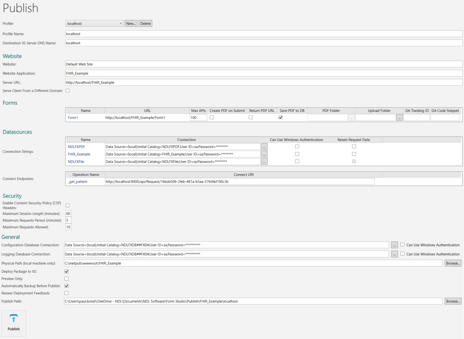 Picture showing initial empty Publish profile settings in Form Studio.